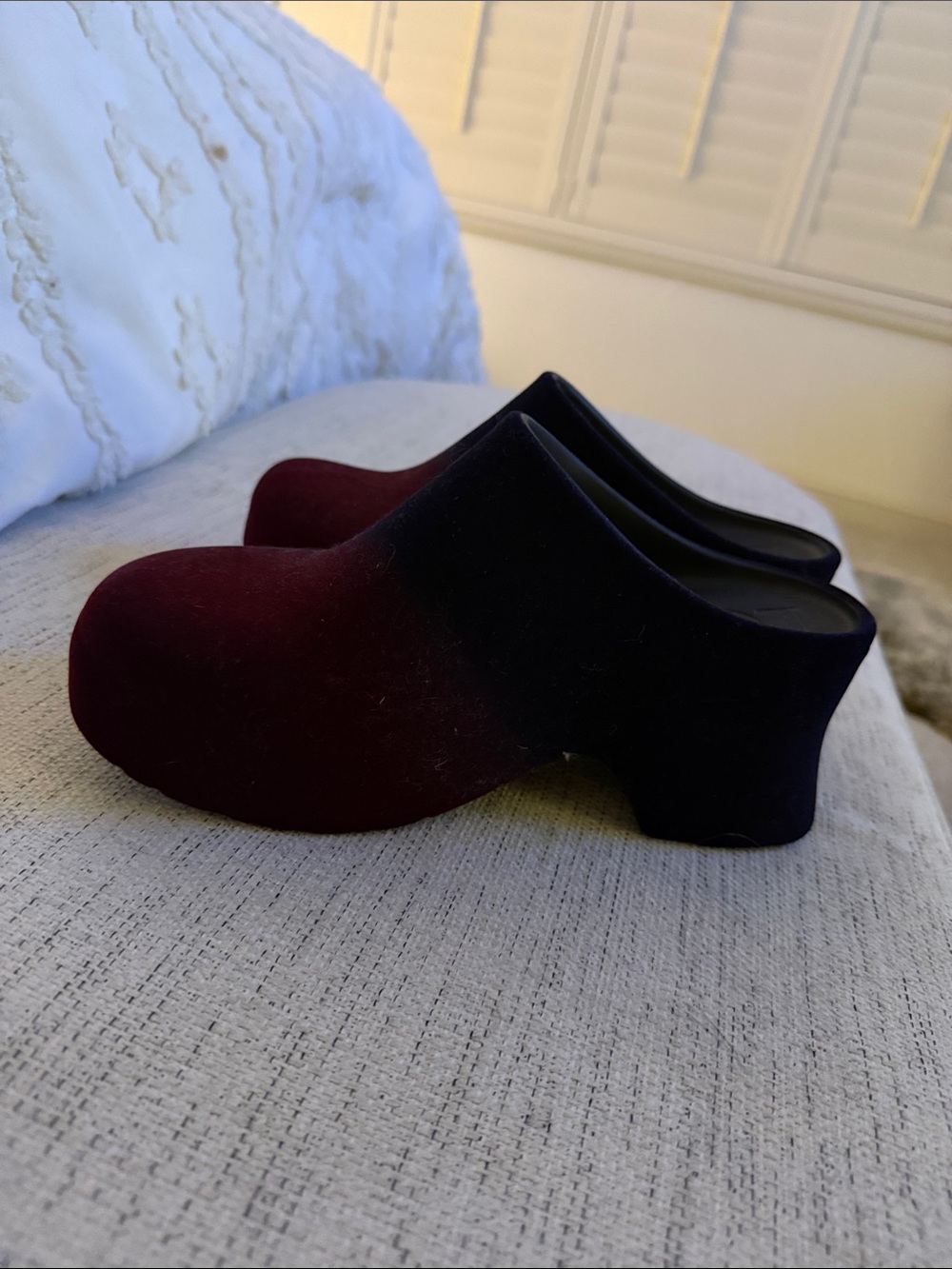 Loewe Velvet Ombre Clog Mules in Burgundy and Black